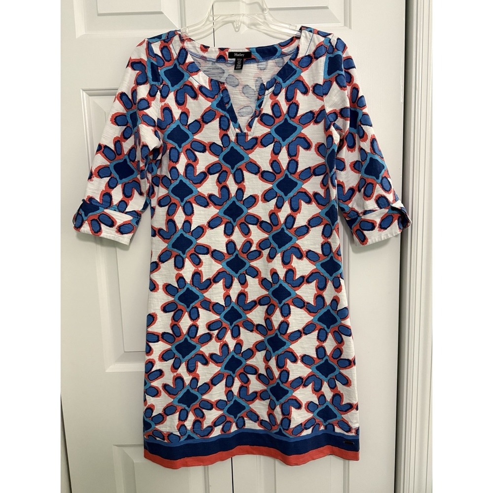 Hatley Womens S Blue Orange Floral Beach Shift Dress Short 3/4 Sleeve Cotton